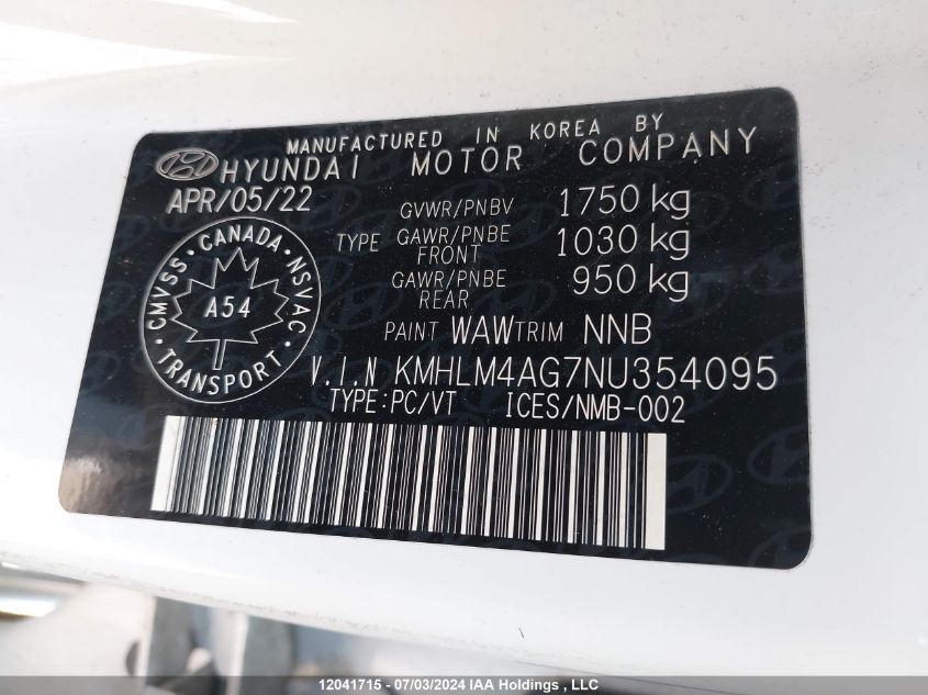 2022 Hyundai Elantra Sel VIN: KMHLM4AG7NU354095 Lot: 12041715