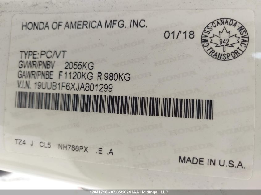 2018 Acura Tlx VIN: 19UUB1F6XJA801299 Lot: 12041718