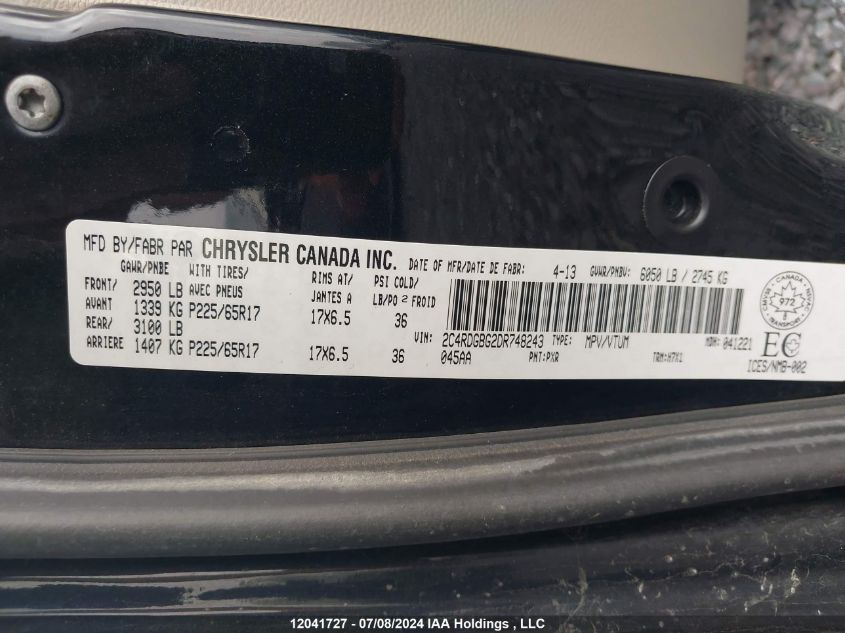 2013 Dodge Grand Caravan Se/Sxt VIN: 2C4RDGBG2DR748243 Lot: 12041727