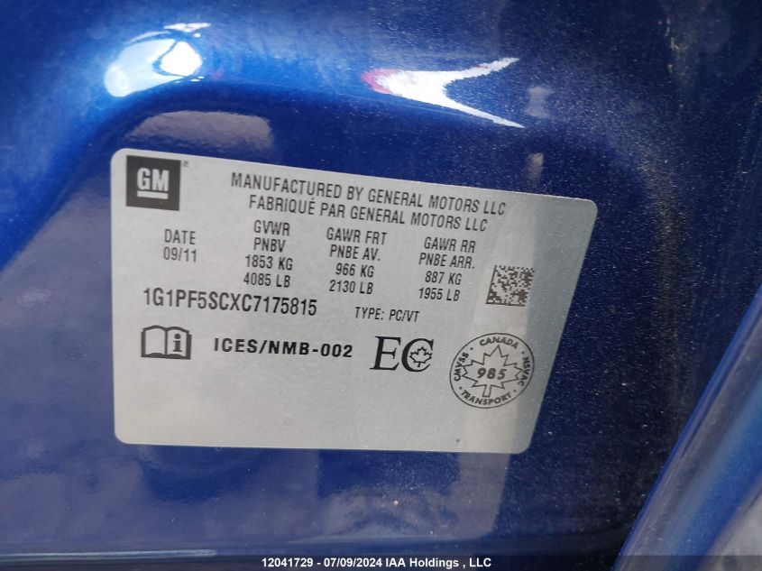 2012 Chevrolet Cruze VIN: 1G1PF5SCXC7175815 Lot: 12041729