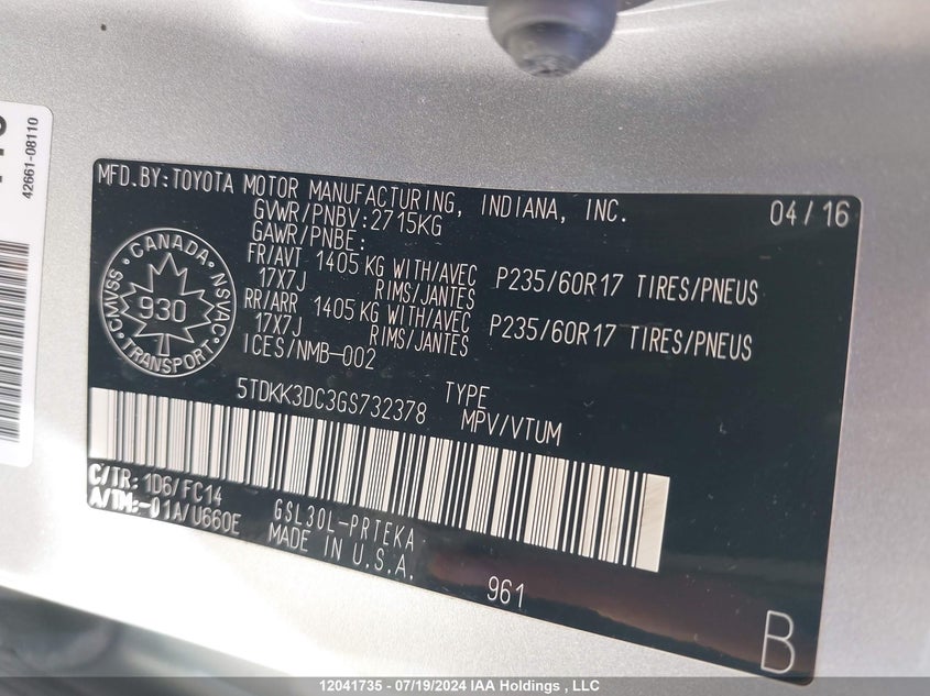 2016 Toyota Sienna Le VIN: 5TDKK3DC3GS732378 Lot: 12041735