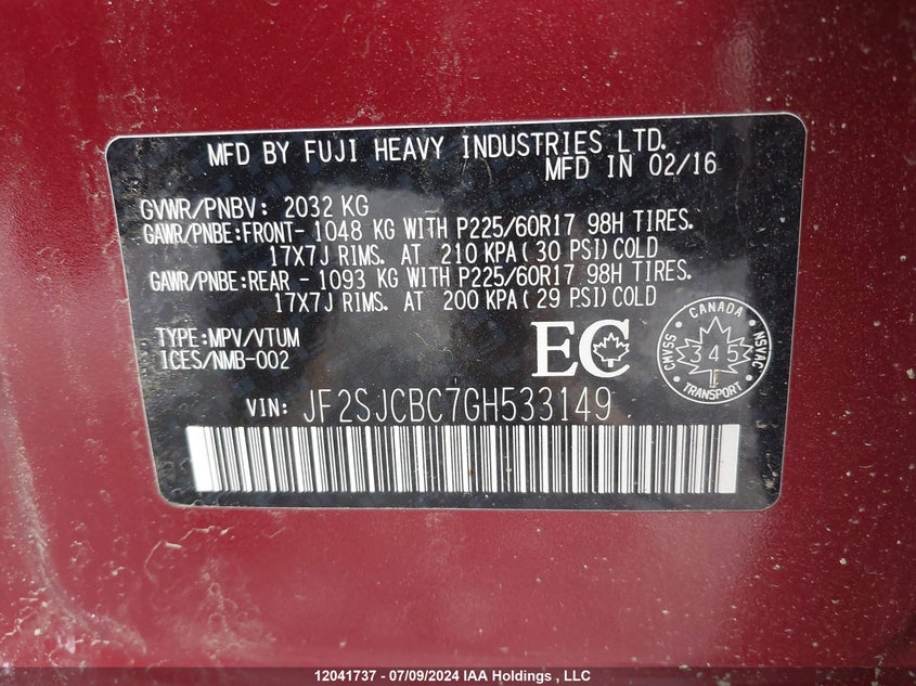 2016 Subaru Forester VIN: JF2SJCBC7GH533149 Lot: 12041737