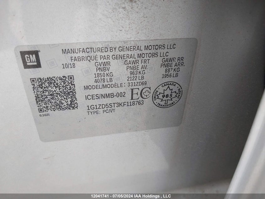 2019 Chevrolet Malibu VIN: 1G1ZD5ST3KF118763 Lot: 12041741