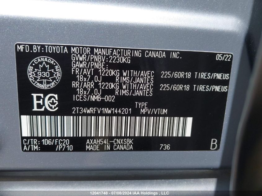 2022 Toyota Rav4 Se VIN: 2T34WRFV1NW144201 Lot: 12041748