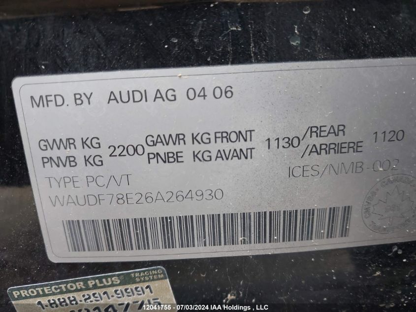 2006 Audi A4 2.0T Quattro VIN: WAUDF78E26A264930 Lot: 12041755