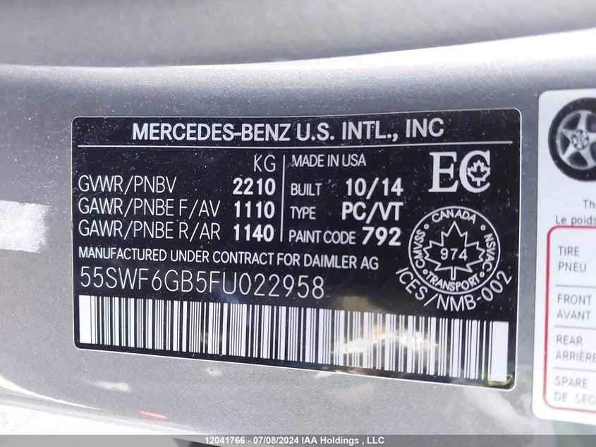 2015 Mercedes-Benz C-Class VIN: 55SWF6GB5FU022958 Lot: 12041766