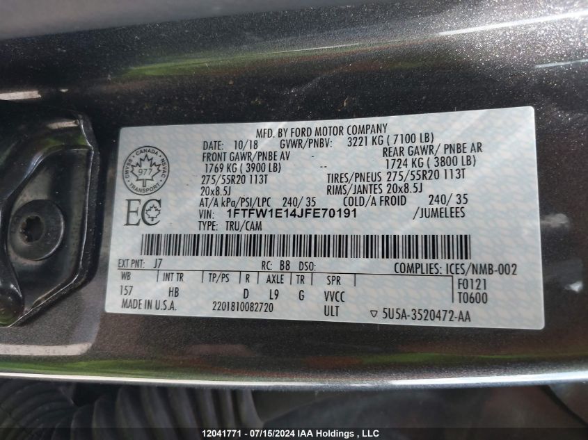 2018 Ford F-150 Lariat VIN: 1FTFW1E14JFE70191 Lot: 12041771