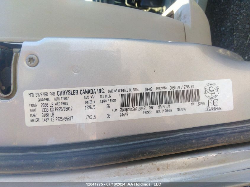 2010 Dodge Grand Caravan VIN: 2D4RN4DX2AR130461 Lot: 12041775