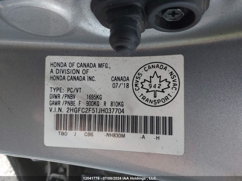 2018 Honda Civic VIN: 2HGFC2F51JH037704 Lot: 12041776