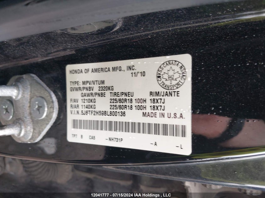 2011 Honda Accord Crosstour VIN: 5J6TF2H59BL800136 Lot: 12041777