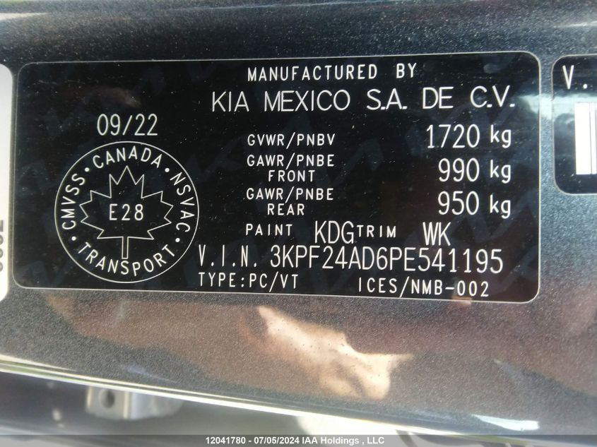 2023 Kia Forte VIN: 3KPF24AD6PE541195 Lot: 12041780