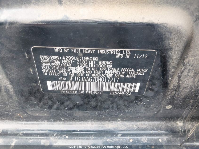 2013 Subaru Impreza VIN: JF1GJAA67DH017217 Lot: 12041785