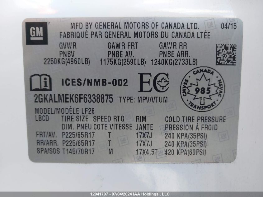 2015 GMC Terrain VIN: 2GKALMEK6F6338875 Lot: 12041797