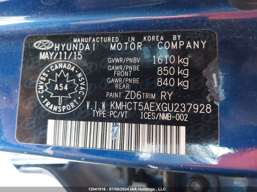 2016 Hyundai Accent Gl VIN: KMHCT5AEXGU237928 Lot: 12041816