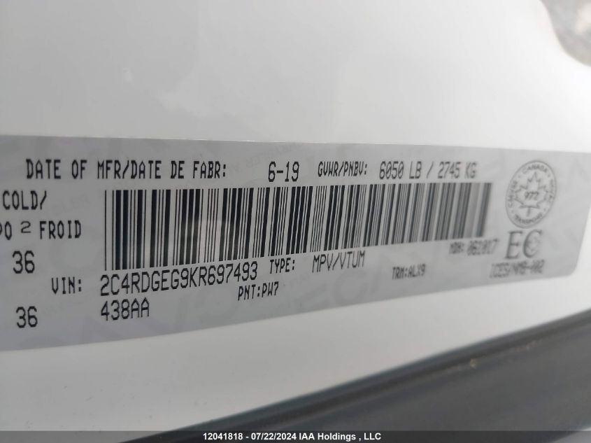 2019 Dodge Grand Caravan VIN: 2C4RDGEG9KR697493 Lot: 12041818