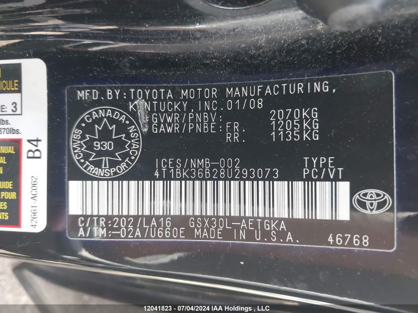 2008 Toyota Avalon Xls VIN: 4T1BK36B28U293073 Lot: 12041823