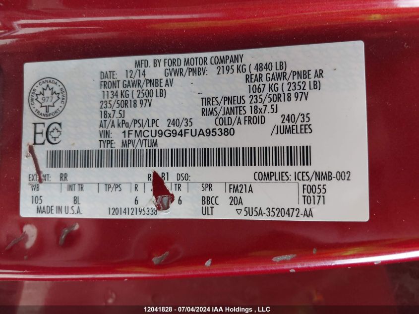 2015 Ford Escape Se VIN: 1FMCU9G94FUA95380 Lot: 12041828