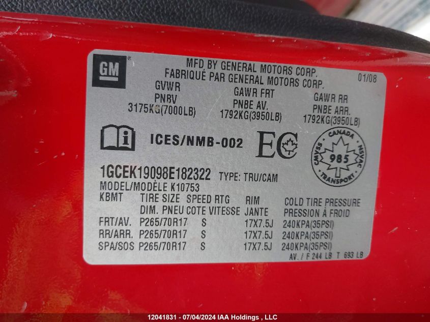 2008 Chevrolet Silverado K1500 VIN: 1GCEK19098E182322 Lot: 12041831