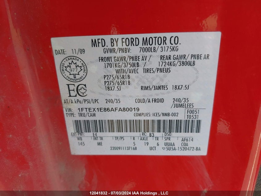 2010 Ford F-150 VIN: 1FTEX1E86AFA80019 Lot: 12041832