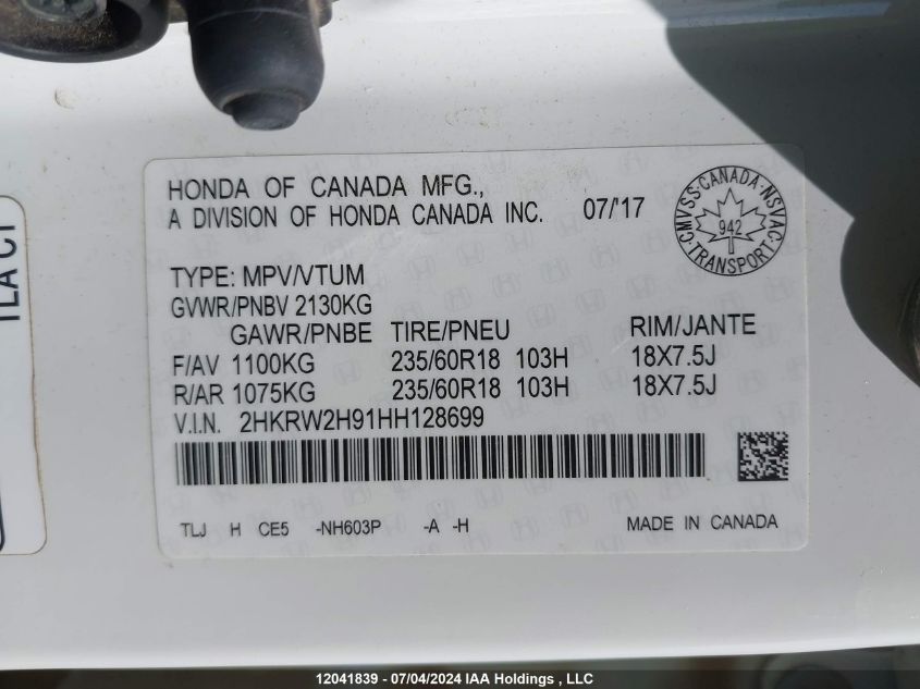 2017 Honda Cr-V VIN: 2HKRW2H91HH128699 Lot: 12041839
