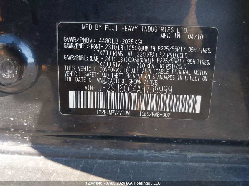 2010 Subaru Forester VIN: JF2SH6CC4AH798999 Lot: 12041848