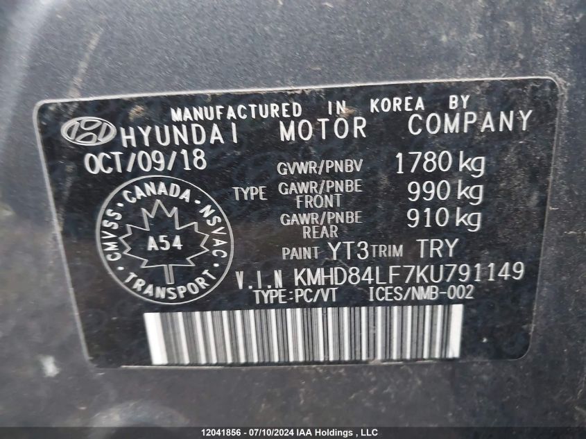 2019 Hyundai Elantra Preferred VIN: KMHD84LF7KU791149 Lot: 12041856