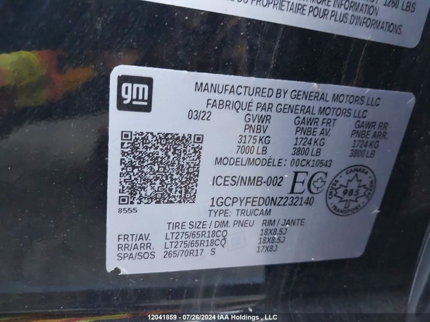 2022 Chevrolet Silverado 1500 VIN: 1GCPYFED0NZ232140 Lot: 12041859