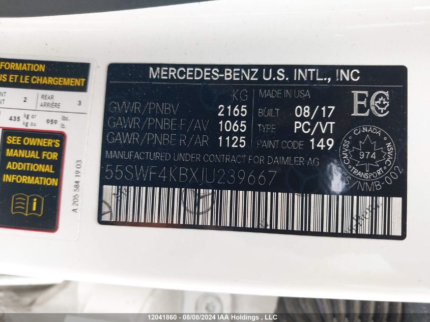 2018 Mercedes-Benz C-Class VIN: 55SWF4KBXJU239667 Lot: 12041860