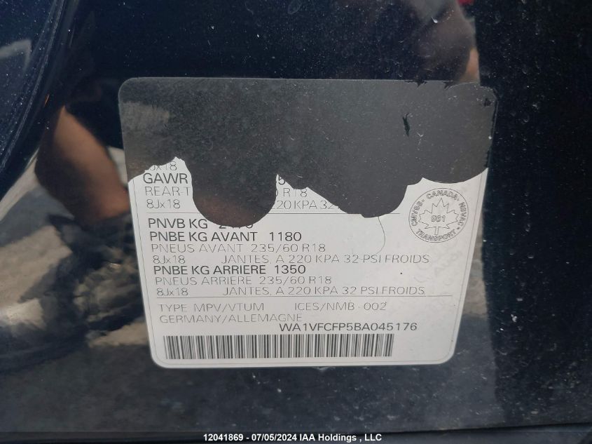 2011 Audi Q5 VIN: WA1VFCFP5BA045176 Lot: 12041869