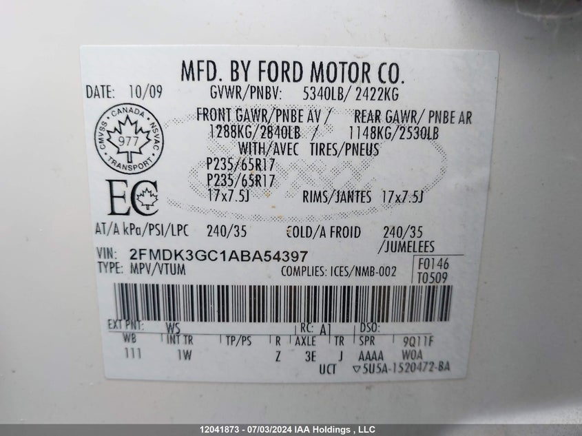 2010 Ford Edge Se VIN: 2FMDK3GC1ABA54397 Lot: 12041873