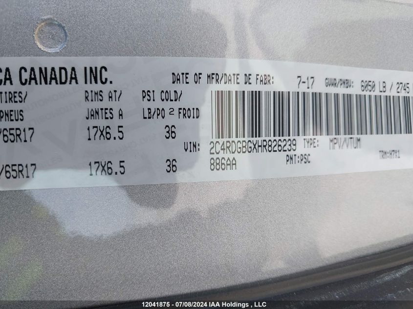 2017 Dodge Grand Caravan Se VIN: 2C4RDGBGXHR826239 Lot: 12041875