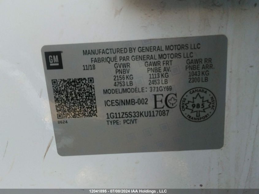 2019 Chevrolet Impala VIN: 1G11Z5S33KU117087 Lot: 12041895