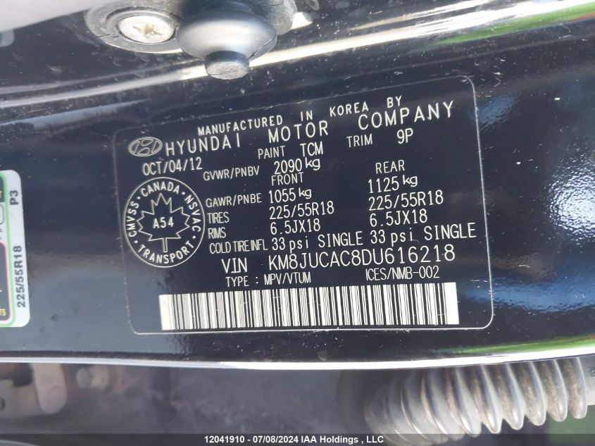 2013 Hyundai Tucson Gls/Limited VIN: KM8JUCAC8DU616218 Lot: 12041910