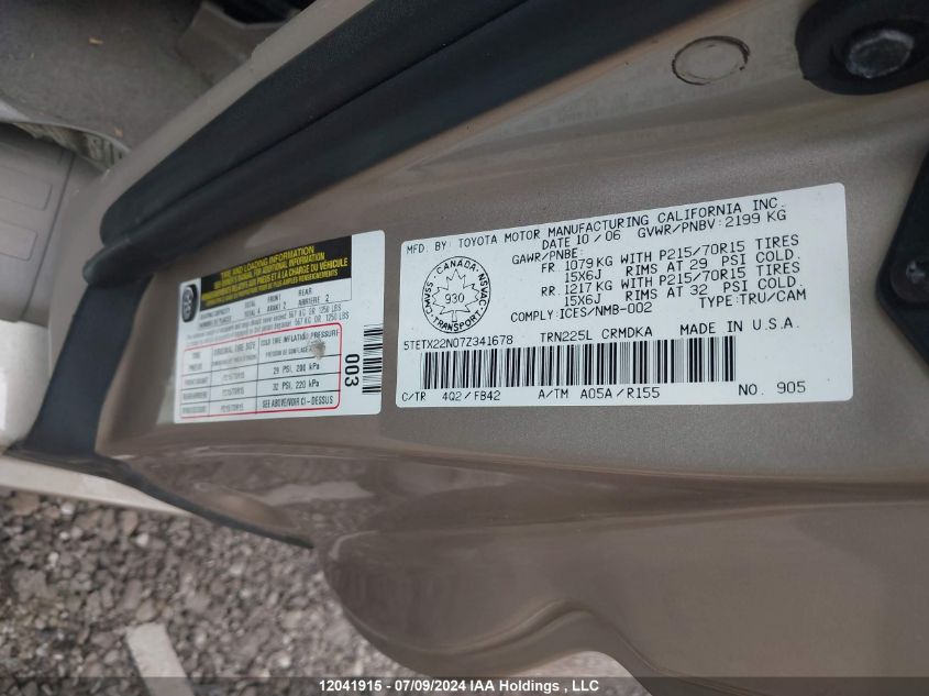 2007 Toyota Tacoma Access Cab VIN: 5TETX22N07Z341678 Lot: 12041915