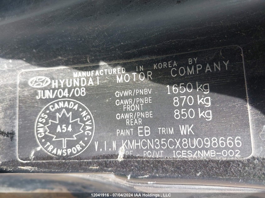 2008 Hyundai Accent Gs VIN: KMHCN35CX8U098666 Lot: 12041916