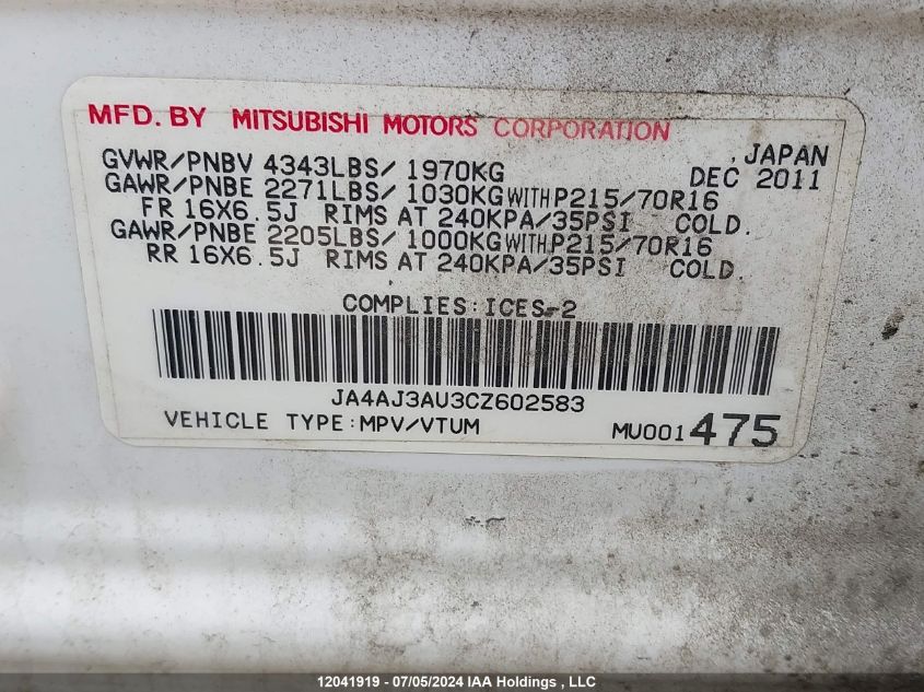 2012 Mitsubishi Rvr VIN: JA4AJ3AU3CZ602583 Lot: 12041919