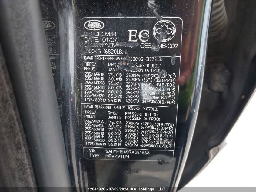 2007 Land Rover Range Rover Hse VIN: SALMF15497A251968 Lot: 12041920