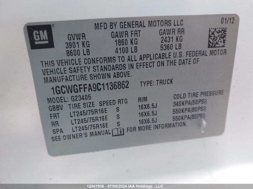 2012 Chevrolet Express 2500 Work Van VIN: 1GCWGFFA9C1136862 Lot: 12041936