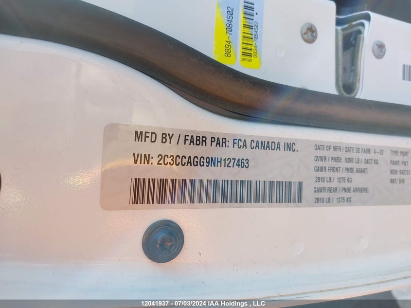 2022 Chrysler 300 S Awd VIN: 2C3CCAGG9NH127463 Lot: 12041937