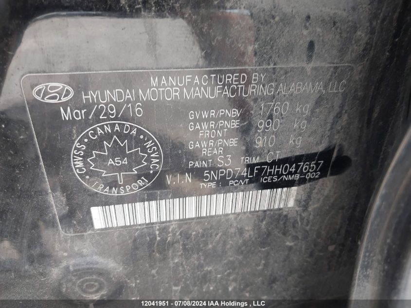 2017 Hyundai Elantra VIN: 5NPD74LF7HH047657 Lot: 12041951