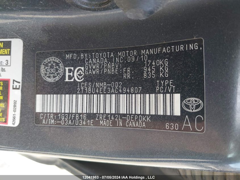 2010 Toyota Corolla Le VIN: 2T1BU4EE3AC494807 Lot: 12041983