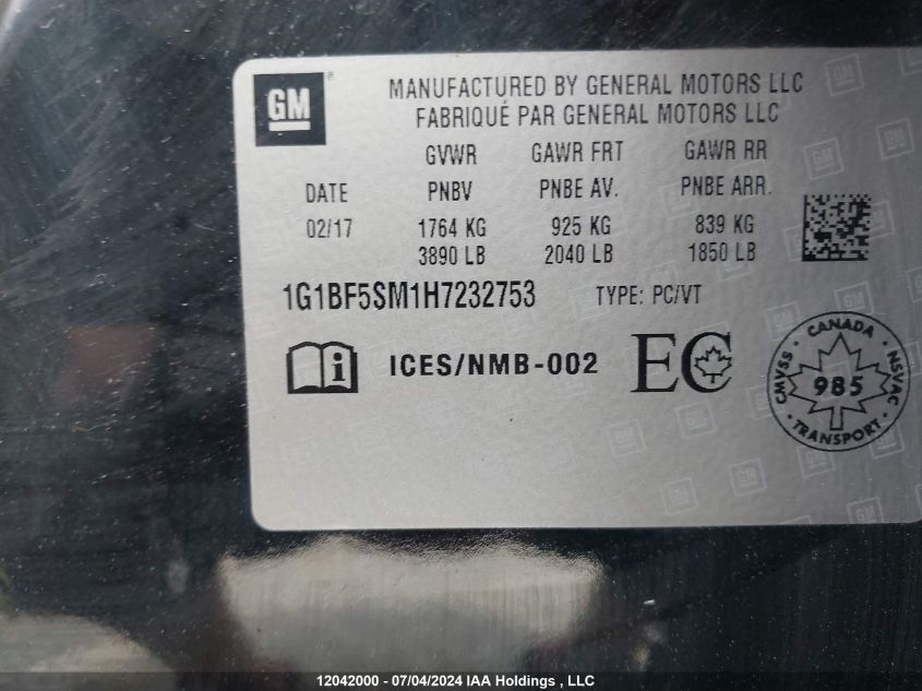 2017 Chevrolet Cruze Premier VIN: 1G1BF5SM1H7232753 Lot: 12042000