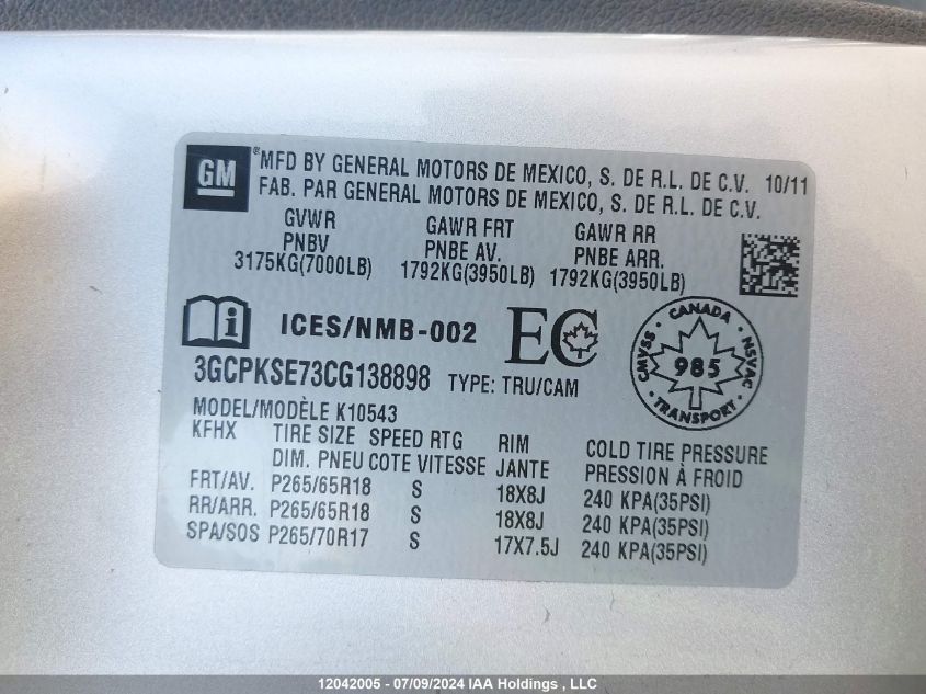 2012 Chevrolet Silverado K1500 Lt VIN: 3GCPKSE73CG138898 Lot: 12042005