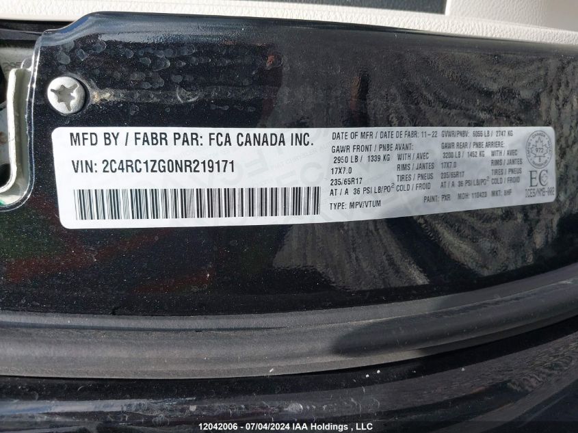 2022 Chrysler Grand Caravan Sxt VIN: 2C4RC1ZG0NR219171 Lot: 12042006