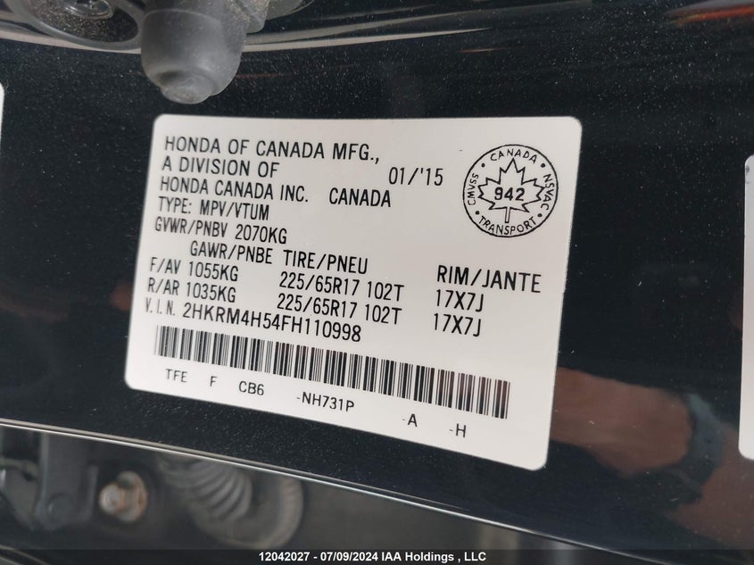 2015 Honda Cr-V VIN: 2HKRM4H54FH110998 Lot: 12042027