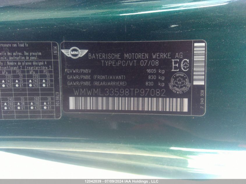 2008 Mini Cooper Clubman VIN: WMWML33598TP97082 Lot: 12042039