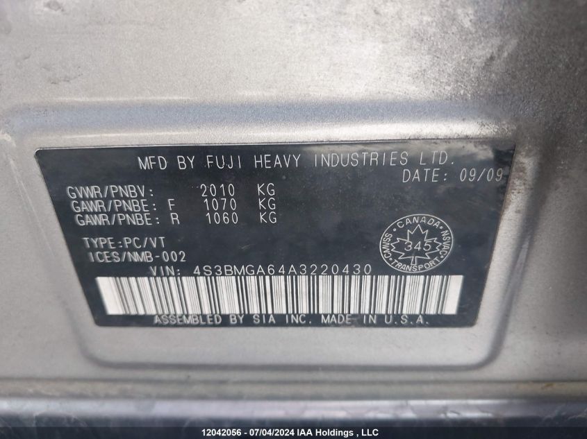2010 Subaru Legacy VIN: 4S3BMGA64A3220430 Lot: 12042056