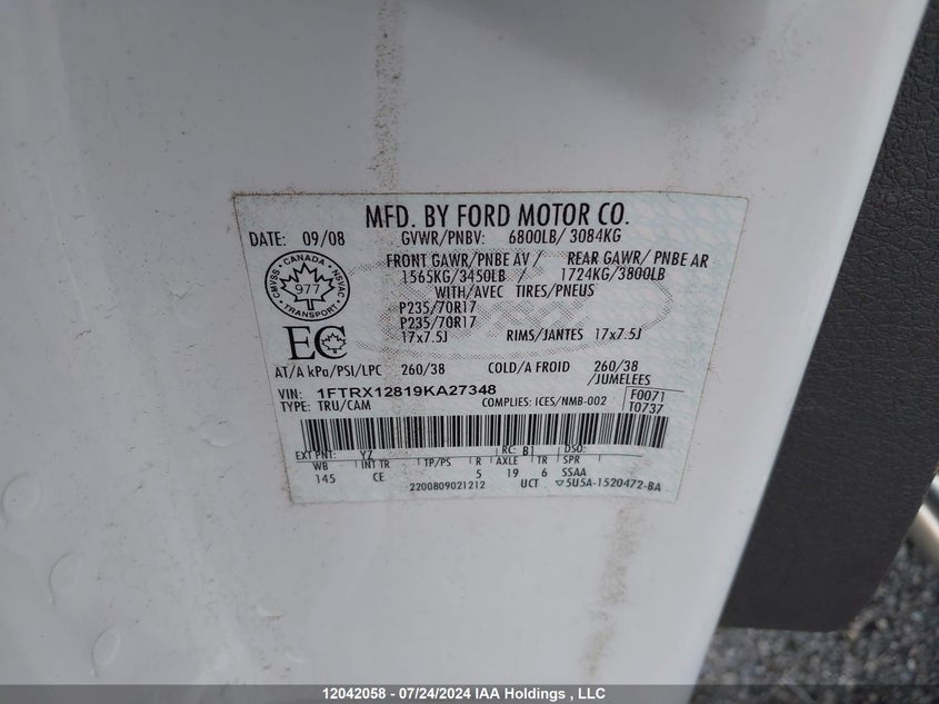 2009 Ford F-150 VIN: 1FTRX12819KA27348 Lot: 12042058