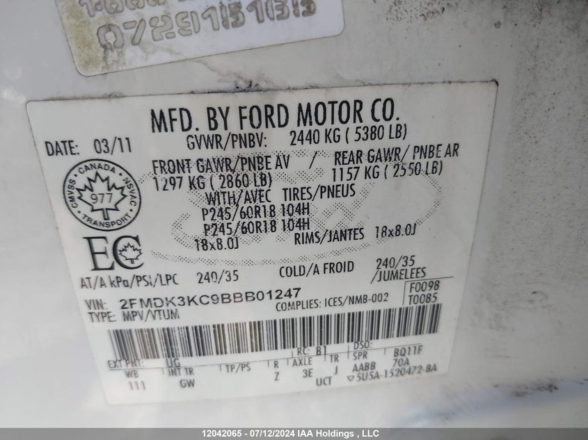 2011 Ford Edge Limited VIN: 2FMDK3KC9BBB01247 Lot: 12042065