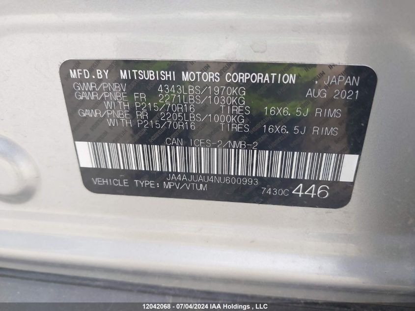 2022 Mitsubishi Rvr VIN: JA4AJUAU4NU600993 Lot: 12042068